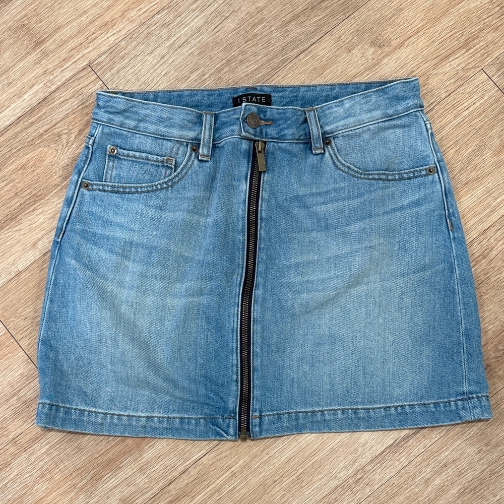 1. State Light Blue Denim Skirt with Front Zipper